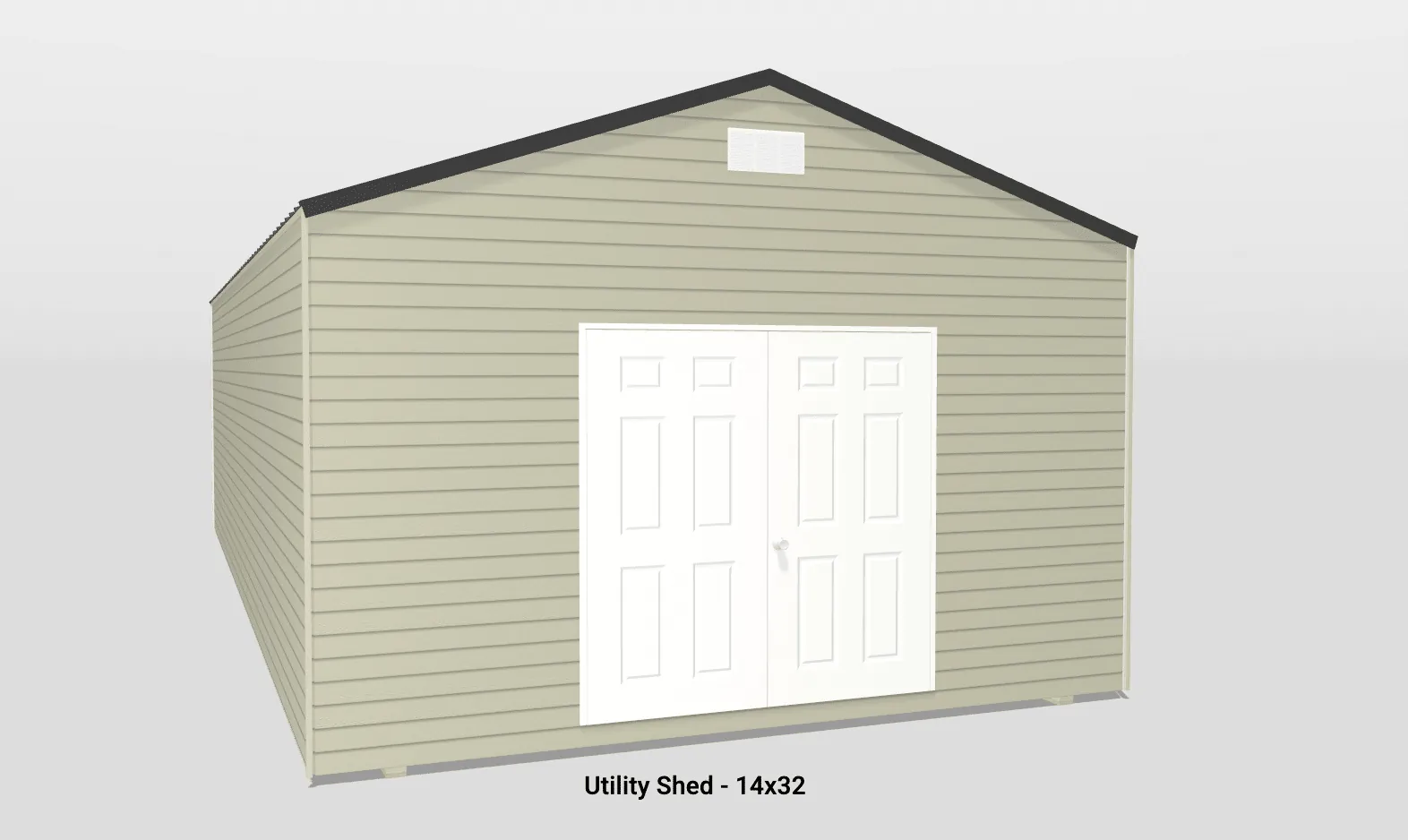Spacious 14x32 utility shed with beige siding and classic white double doors for versatile storage.