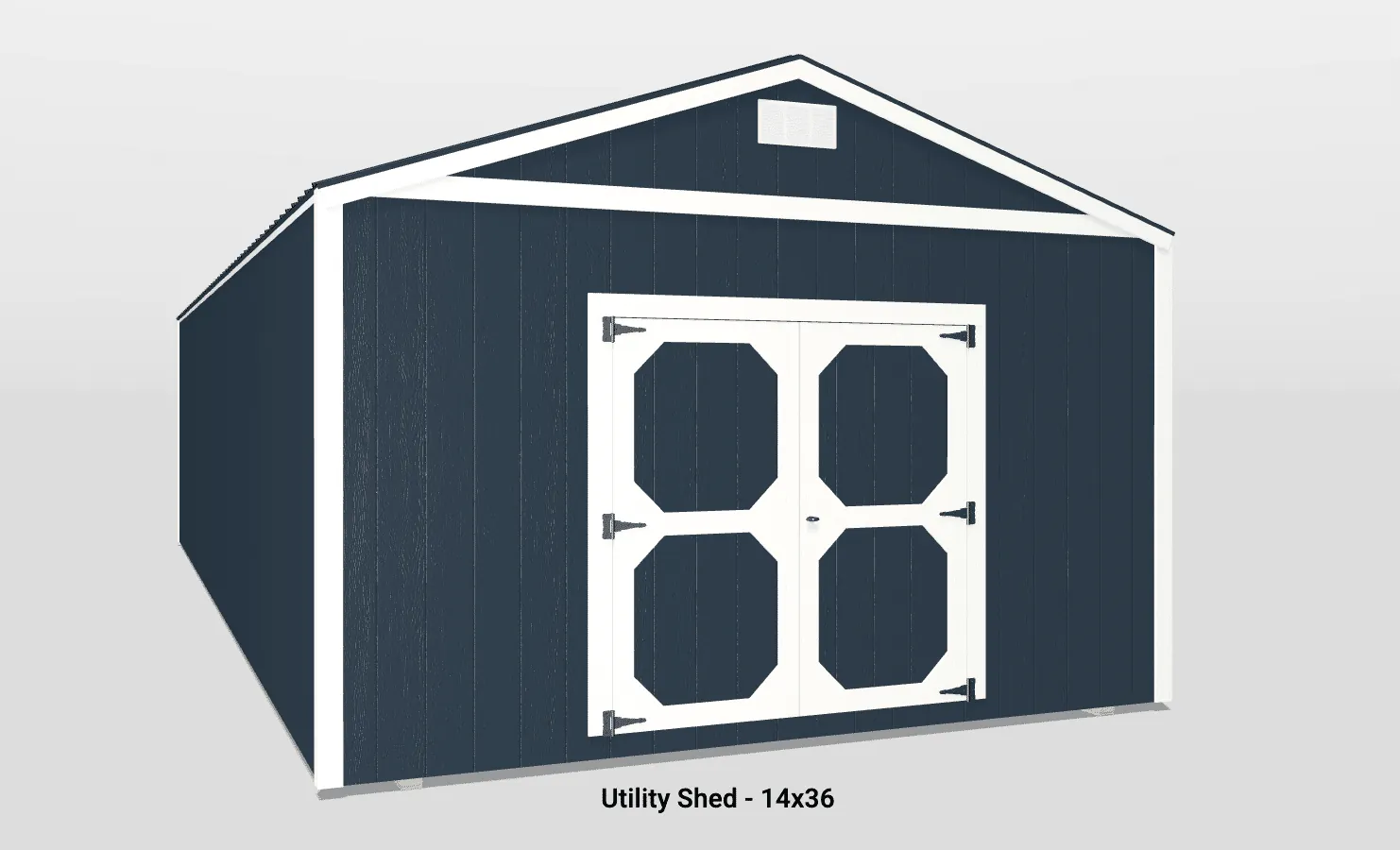Navy blue utility shed with double doors, gable roof, and air ventilation for outdoor storage.
