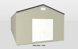 Spacious beige vinyl utility shed with double doors and a sloped dark roof for storage.
