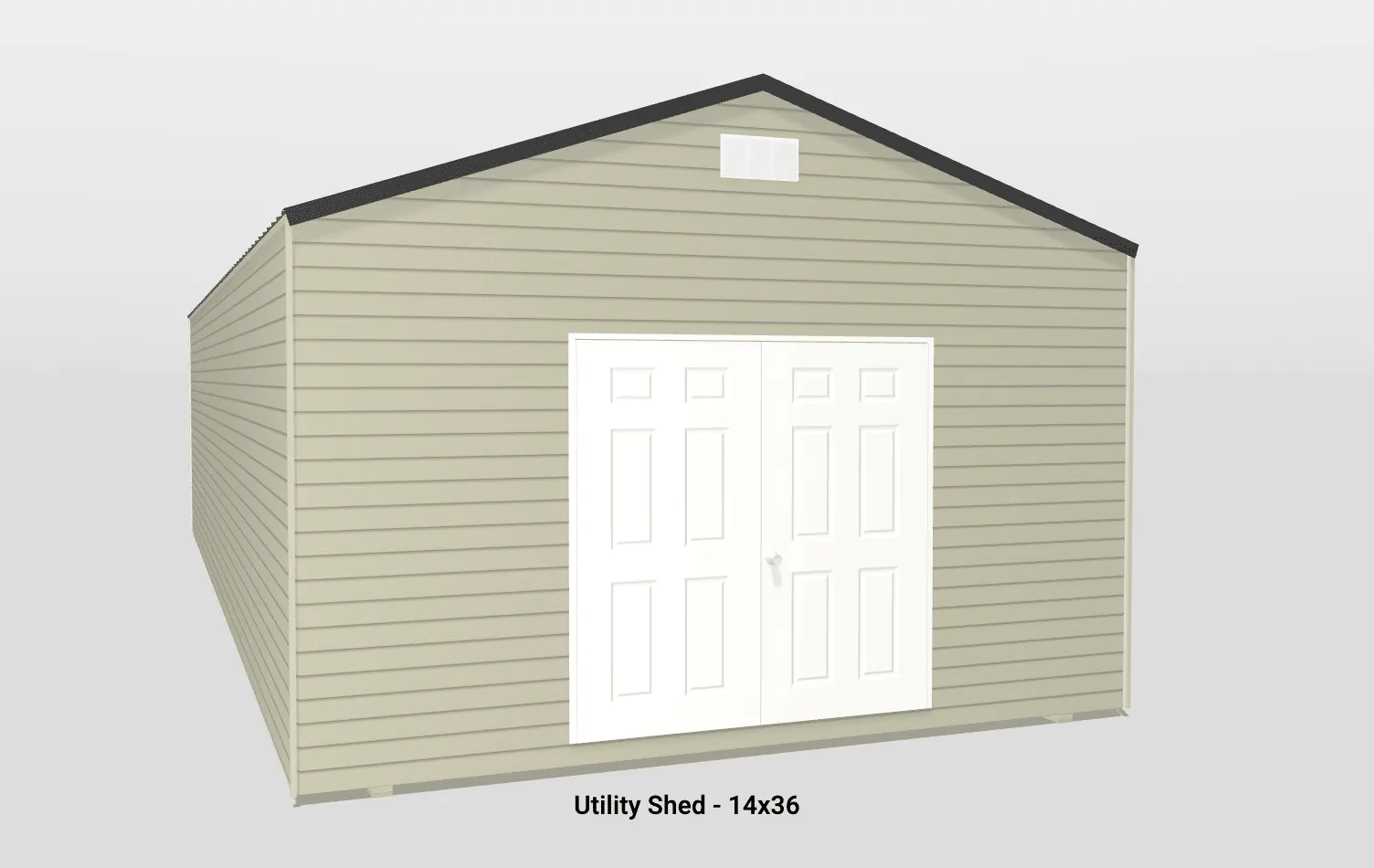 Spacious beige vinyl utility shed with double doors and a sloped dark roof for storage.
