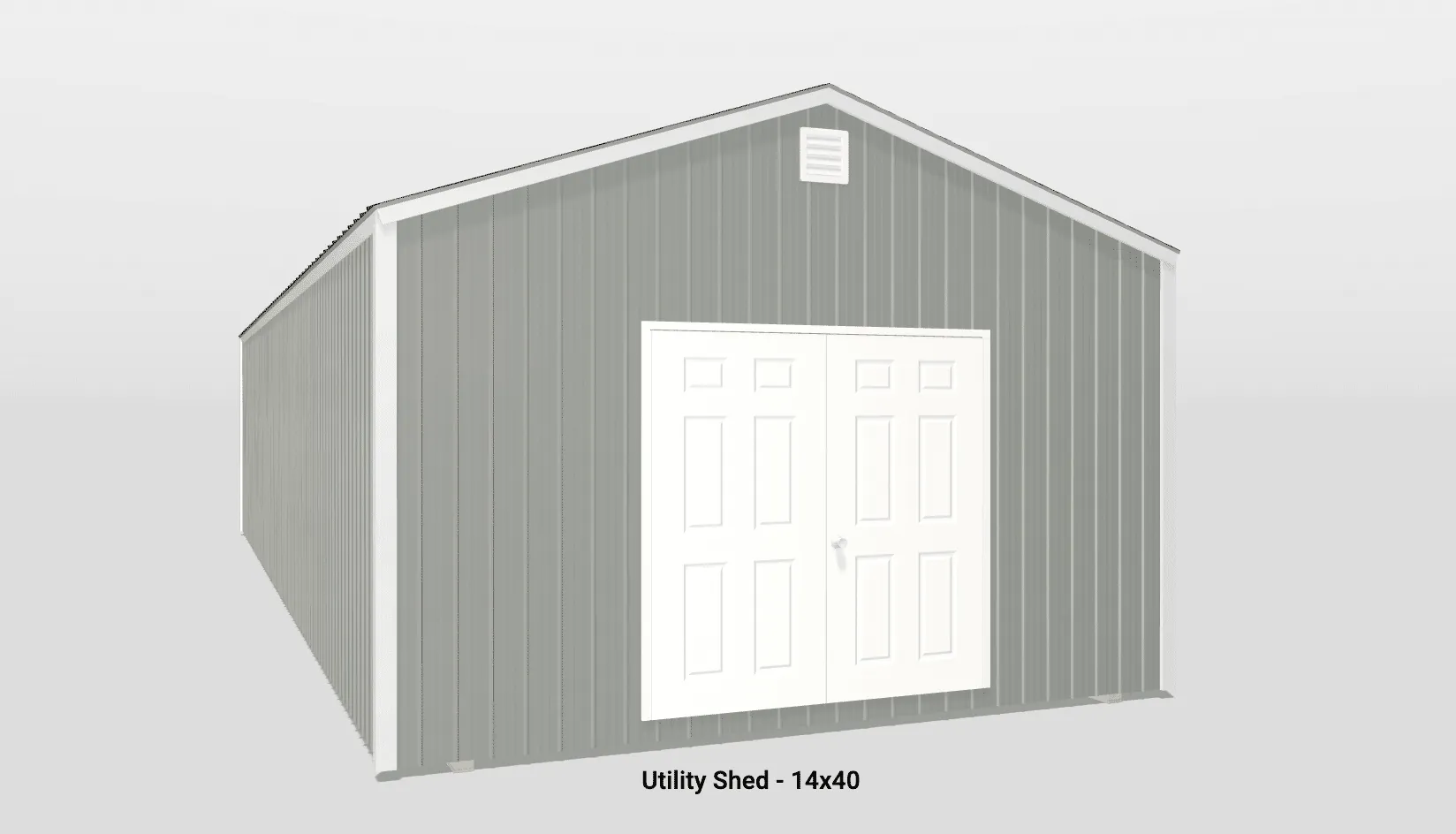 Modern 14x40 utility shed with gable roof and stylish gray siding for outdoor storage.