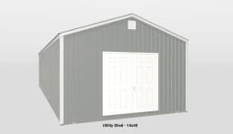 Modern 14x40 utility shed with gable roof and stylish gray siding for outdoor storage.
