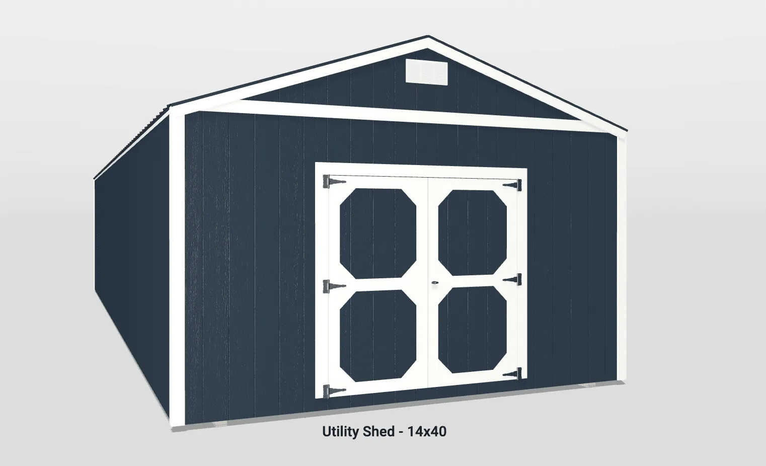 Spacious dark blue utility shed with double doors, gable roof, perfect for storage and workspace.
