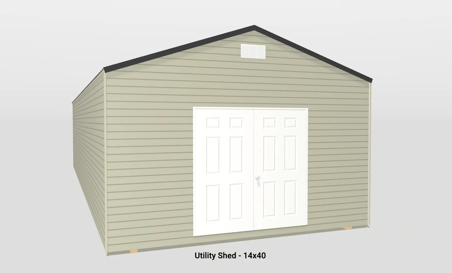 Stylish light beige 14x40 utility shed with white double doors and a black gable roof.