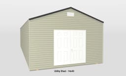 Stylish light beige 14x40 utility shed with white double doors and a black gable roof.
