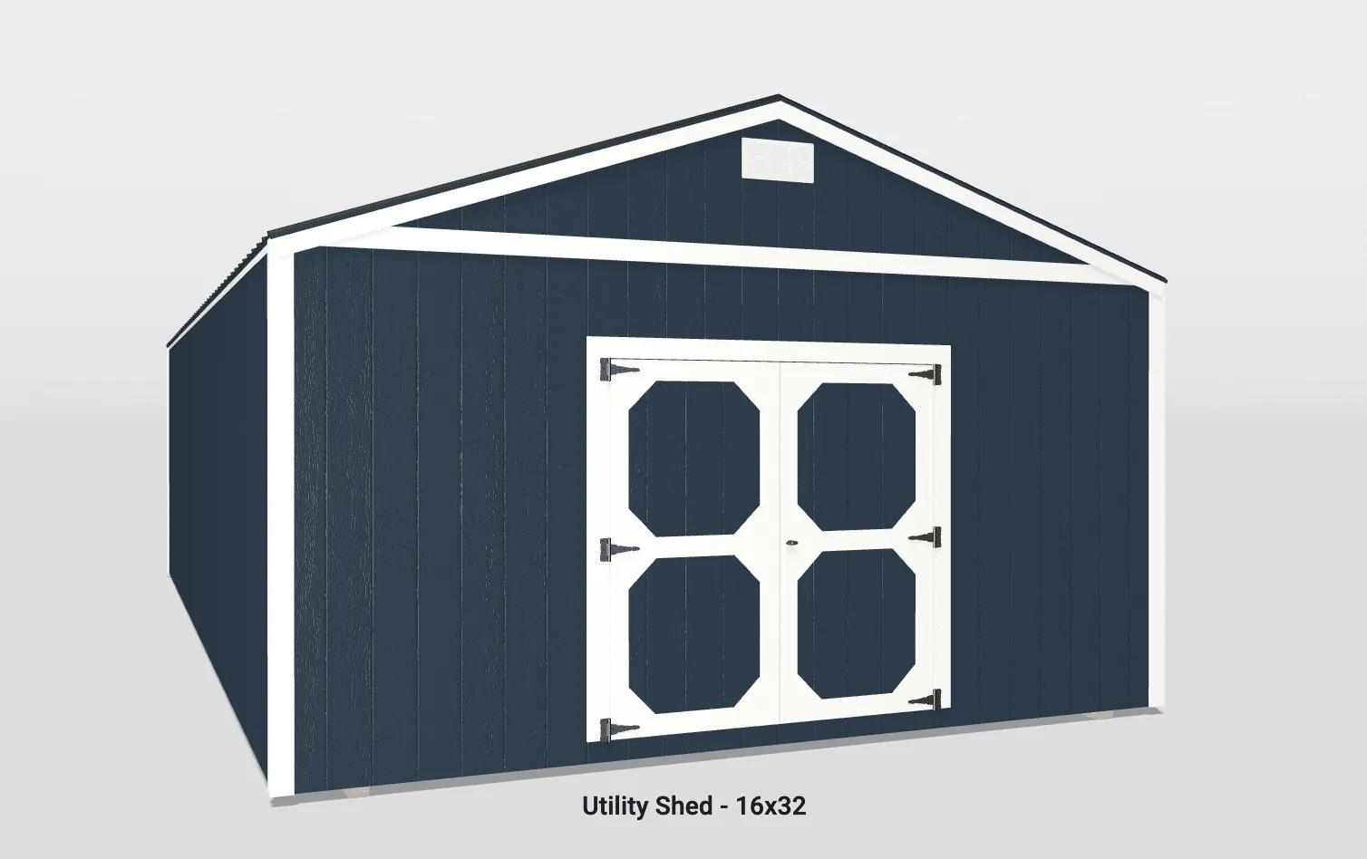 Modern navy blue utility shed with white double doors and stylish trim accents.
