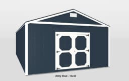 Modern navy blue utility shed with white double doors and stylish trim accents.