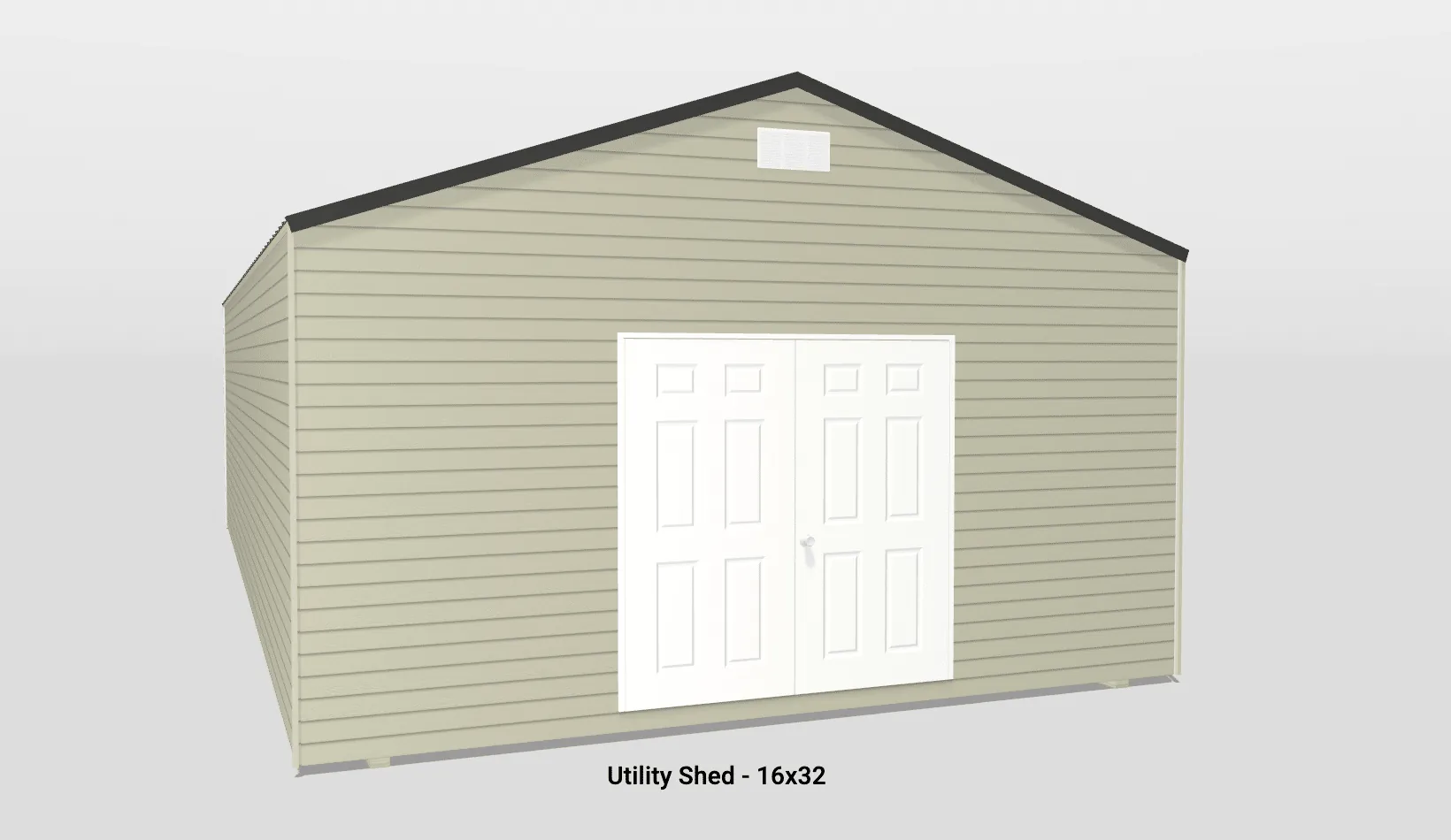 Minimalist utility shed with gable roof, beige siding, and white double doors for easy access.