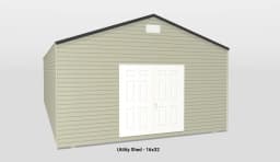 Minimalist utility shed with gable roof, beige siding, and white double doors for easy access.