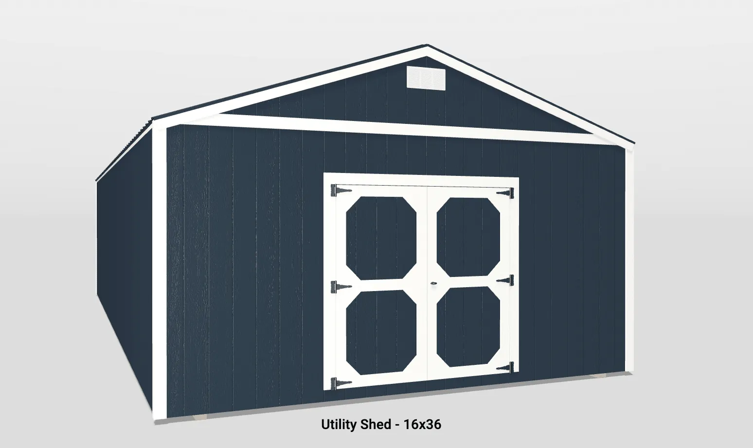 Stylish navy blue utility shed with gable roof, decorative doors, and ventilation window for optimal storage.