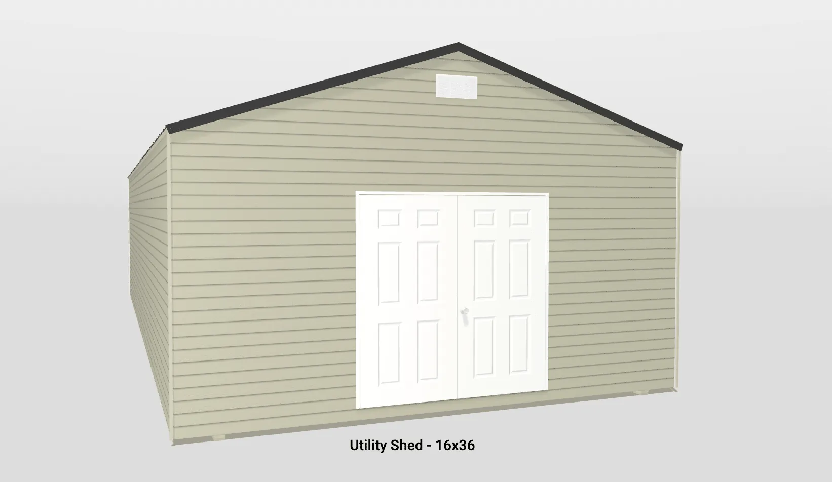 Light gray utility shed with gable roof and white double doors, ideal for outdoor storage.