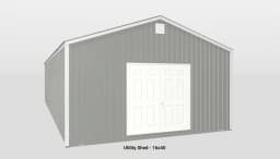 Modern gray metal shed with gable roof, double doors, and ventilation, measuring 10x14 feet.