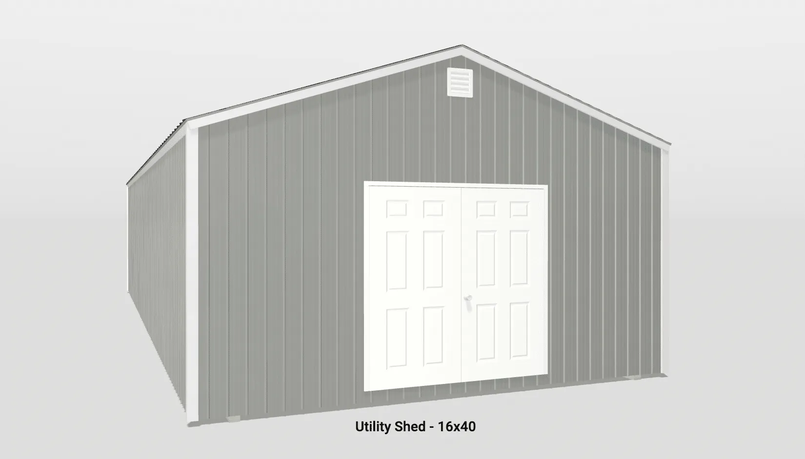 Modern gray metal shed with gable roof, double doors, and ventilation, measuring 10x14 feet.