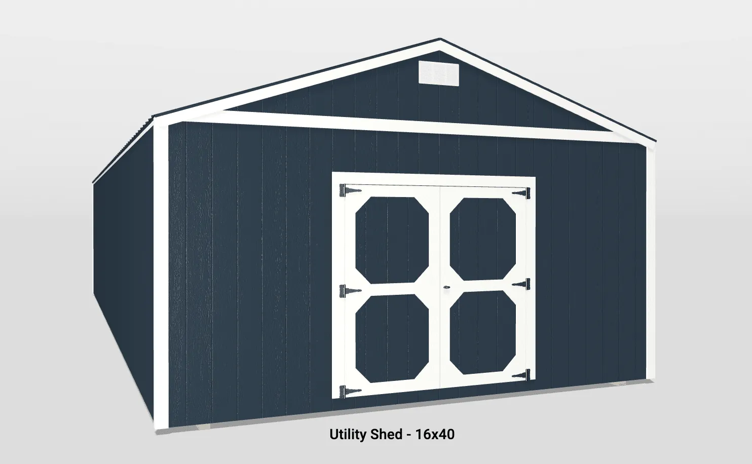 Stylish navy blue utility shed with double doors and pitched roof for versatile outdoor storage.