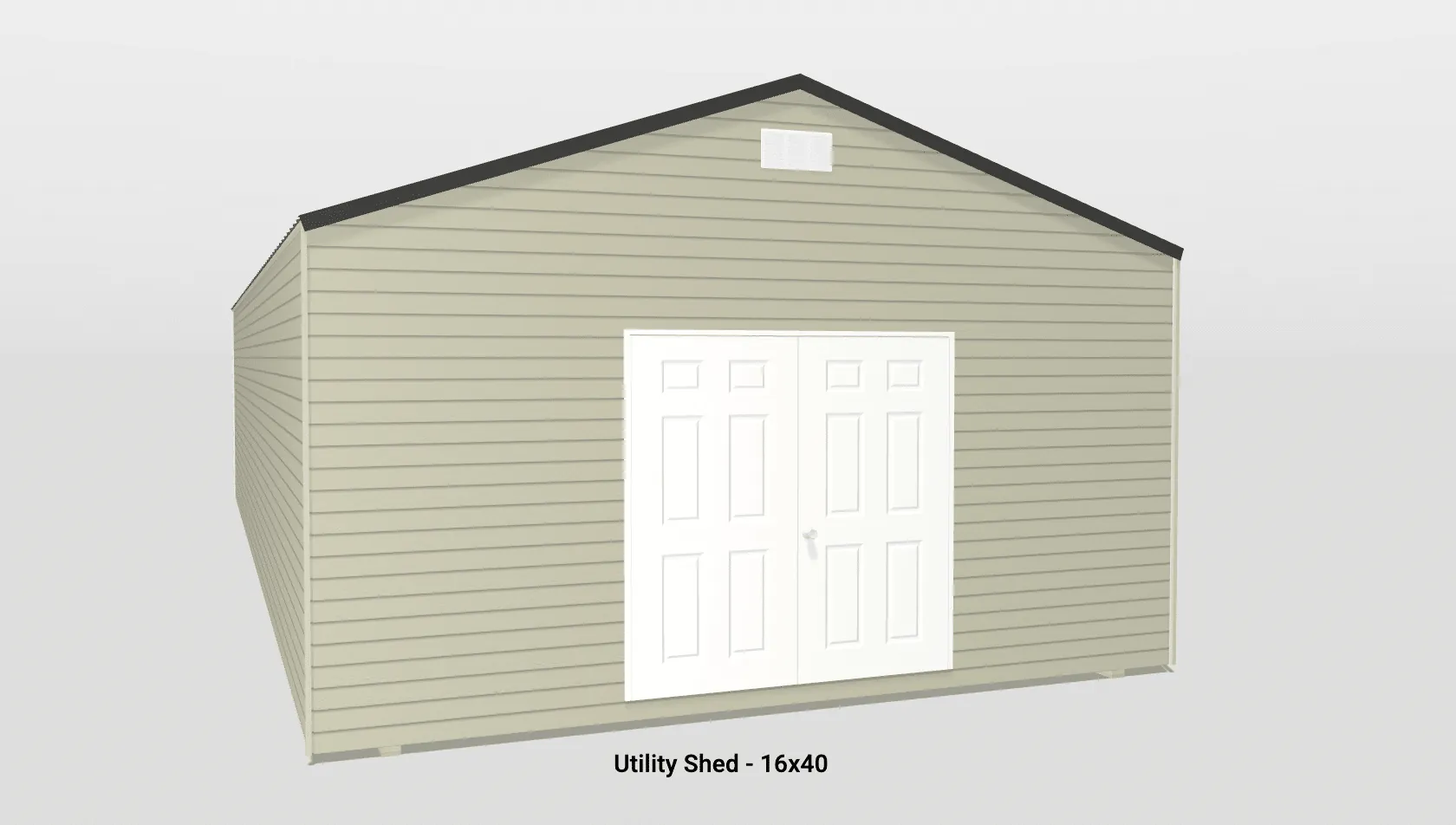 Versatile beige utility shed with white doors and dark roof for effective outdoor storage.