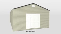 Versatile beige utility shed with white doors and dark roof for effective outdoor storage.