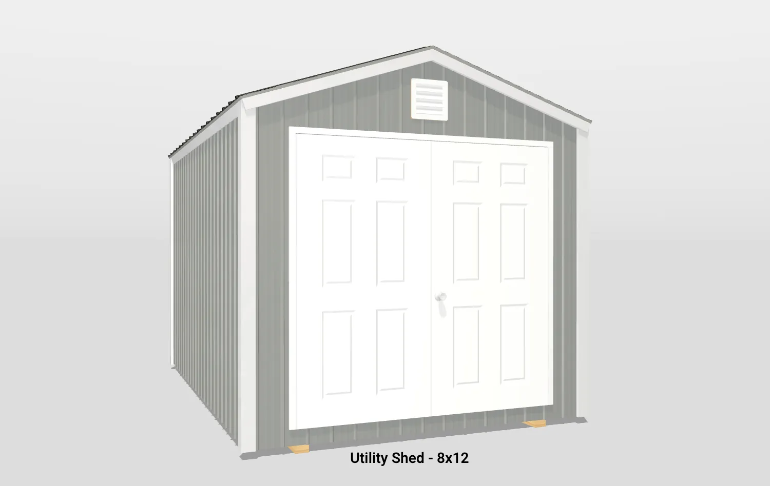 Stylish gray utility shed with double doors for outdoor storage of tools and gardening supplies.