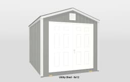 Stylish gray utility shed with double doors for outdoor storage of tools and gardening supplies.