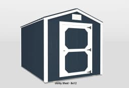 Sophisticated navy blue utility shed with classic gable roof and striking white double doors.
