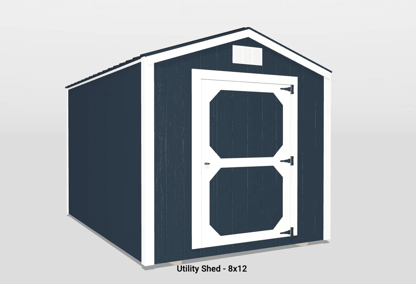 Sophisticated navy blue utility shed with classic gable roof and striking white double doors.