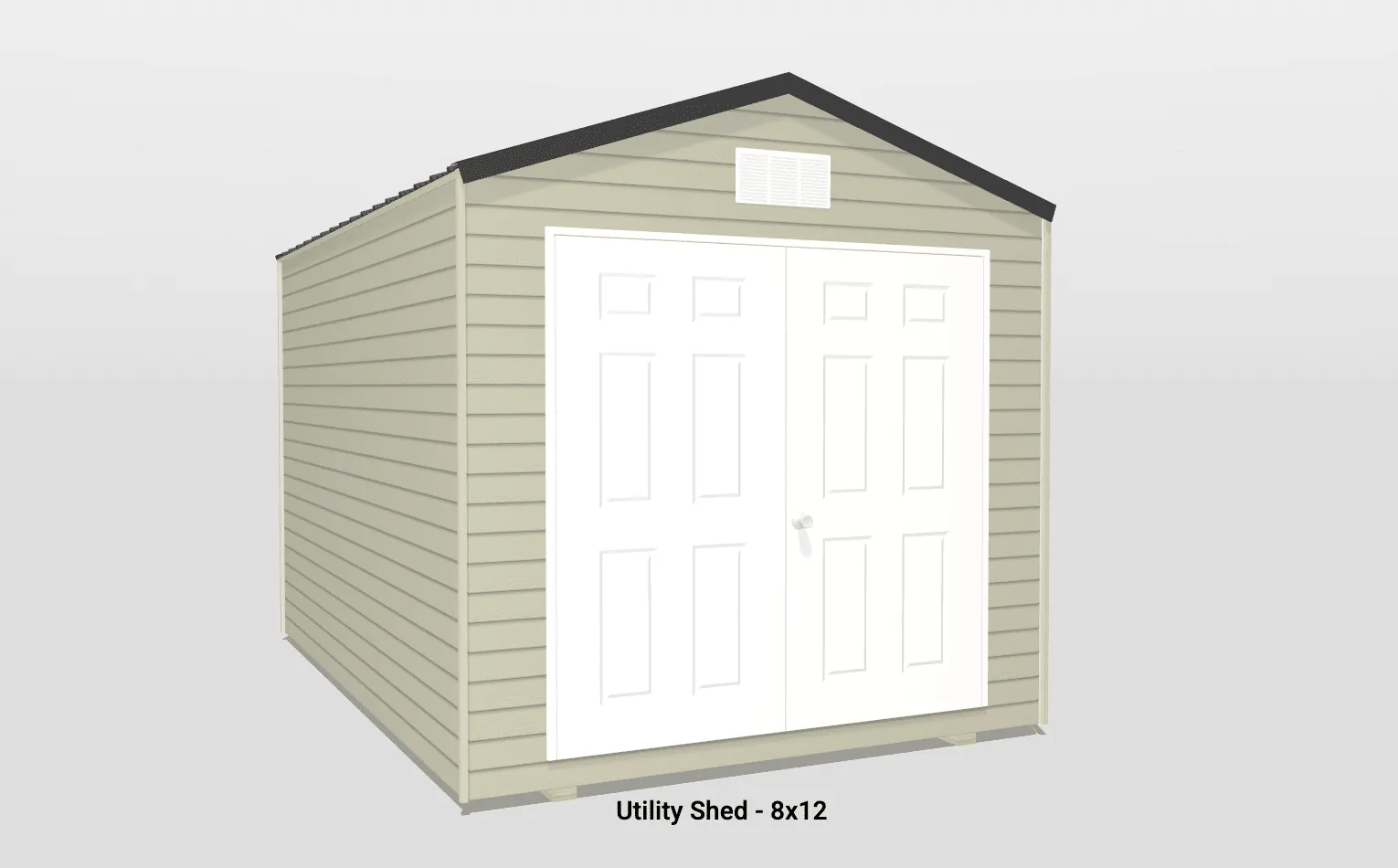 Charming 8x12 utility shed with double doors, gabled roof, and light beige siding for outdoor storage.