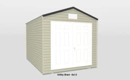 Charming 8x12 utility shed with double doors, gabled roof, and light beige siding for outdoor storage.