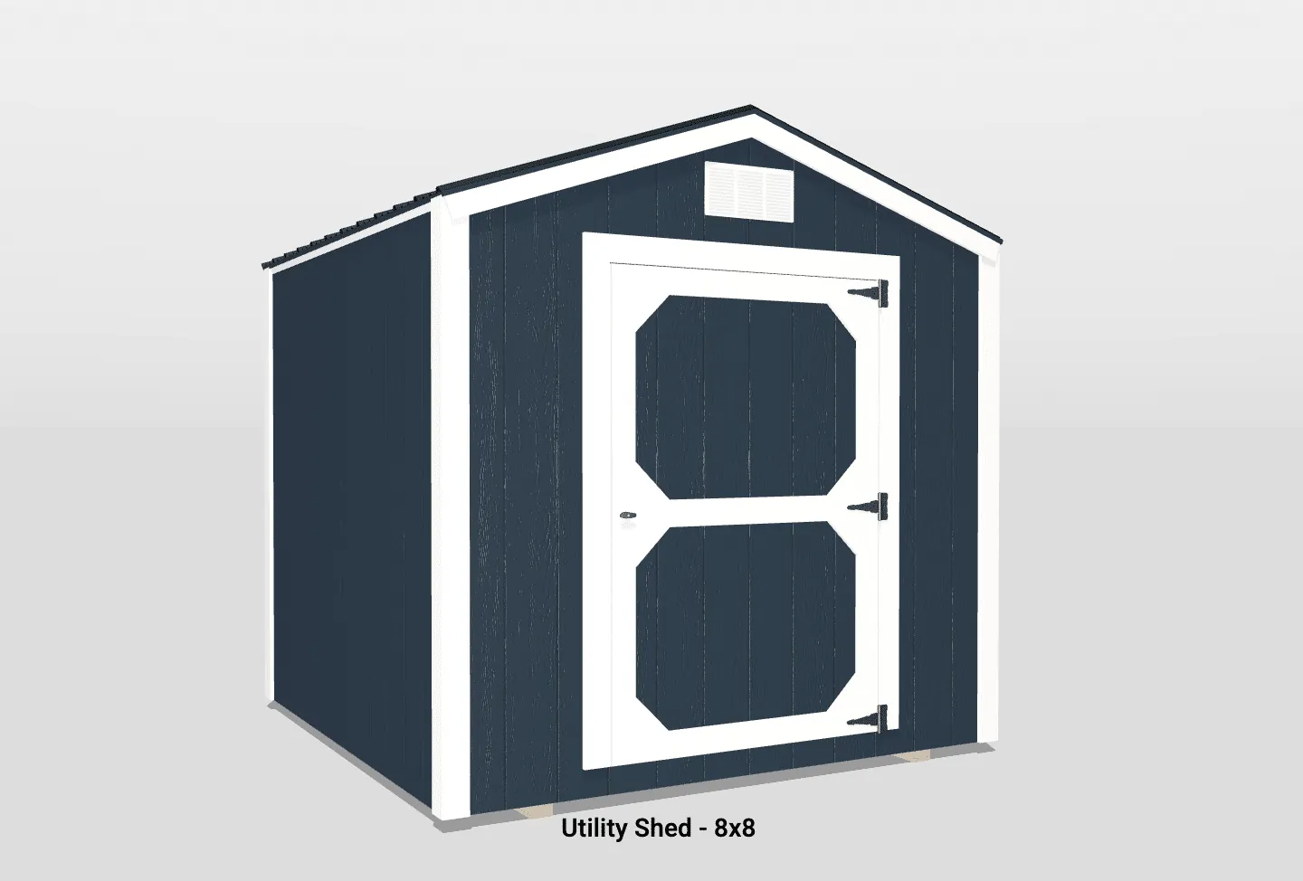 Charming 8x8 utility shed with gabled roof, navy walls, white trim, and double doors.