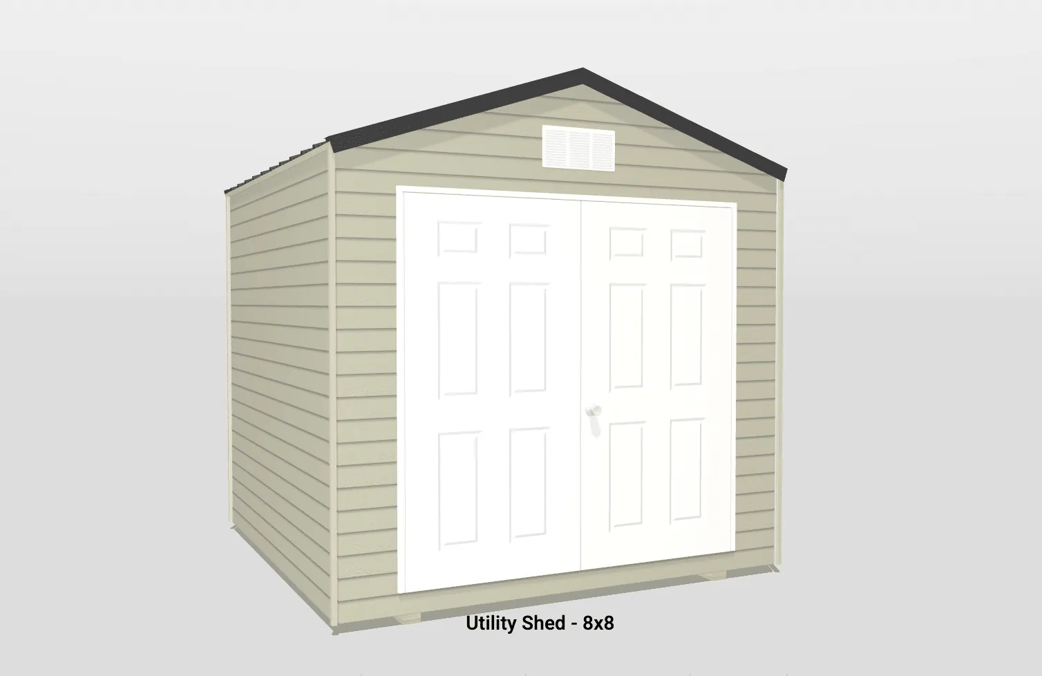 Compact 8x8 utility shed with gray siding and double doors for easy outdoor storage.