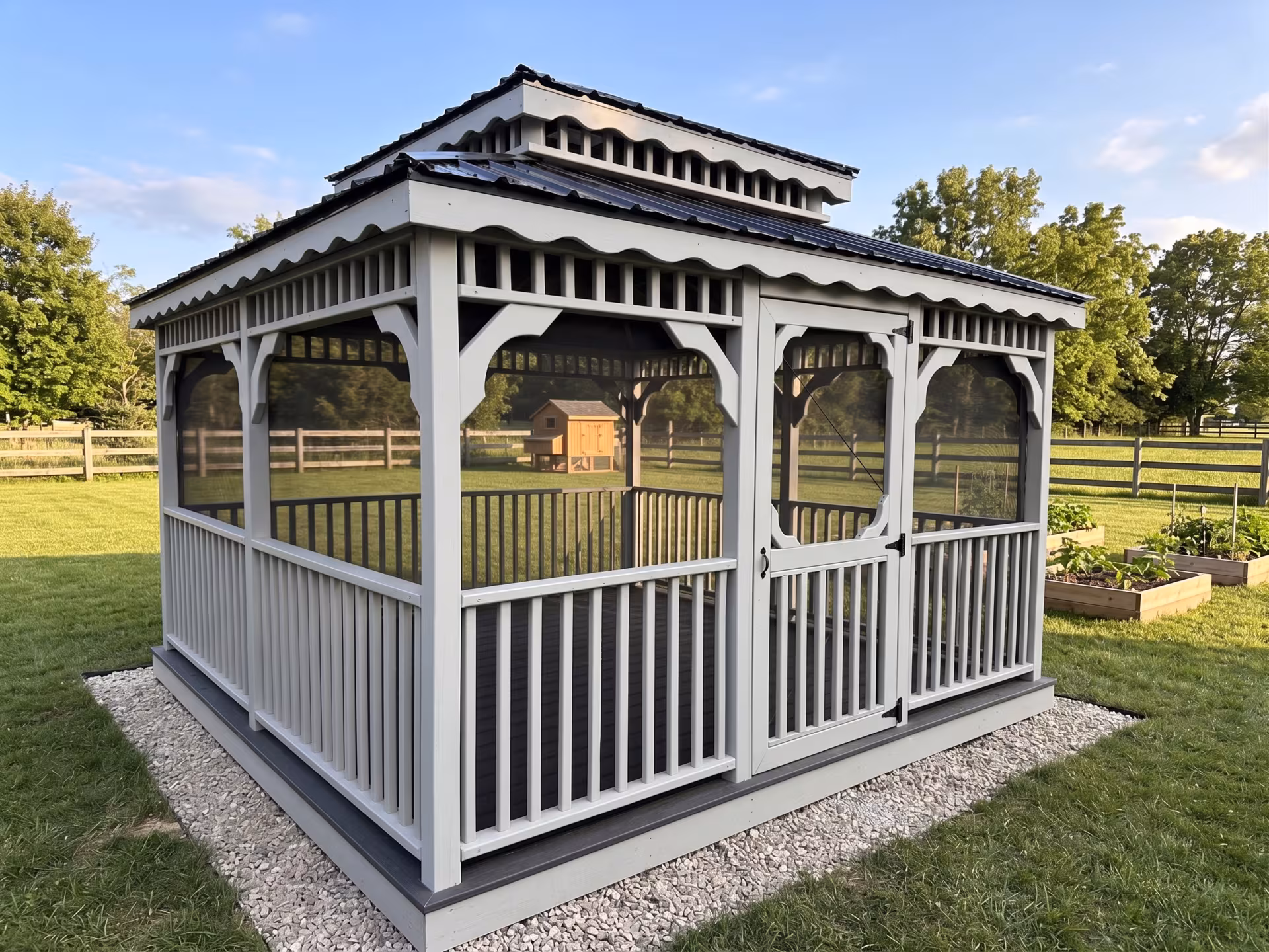 Gray Amish-built double-roof pavilion with screened panels at golden hour