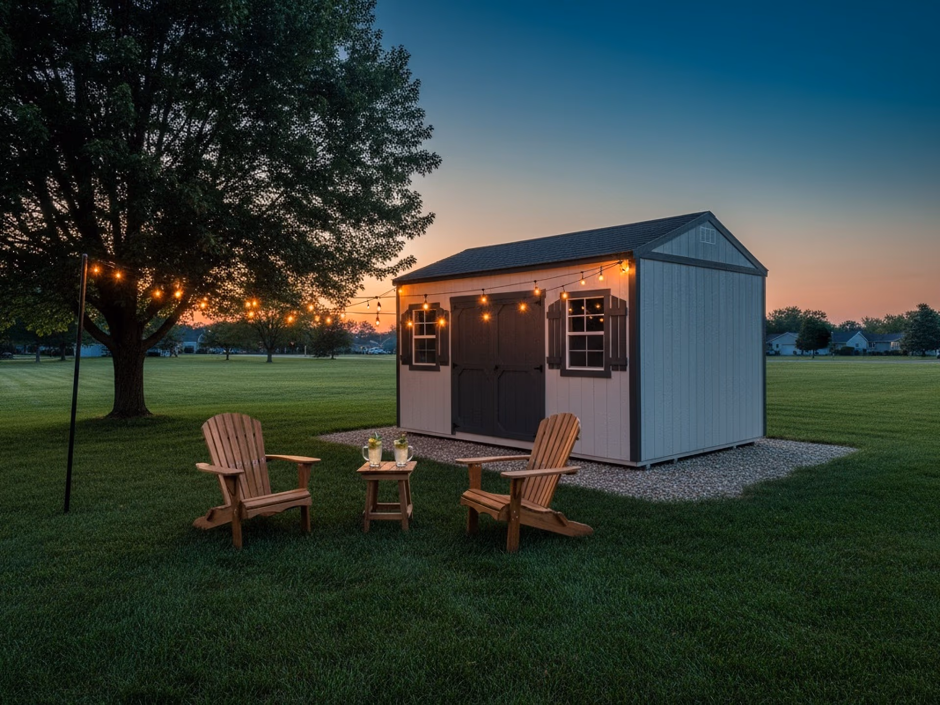 Amish-built garden shed with string lights at sunset on a Michigan backyard property