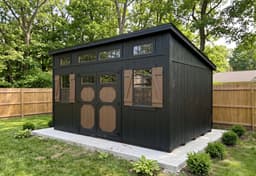 Amish-built studio shed with LP SmartSide siding, representative display photo
