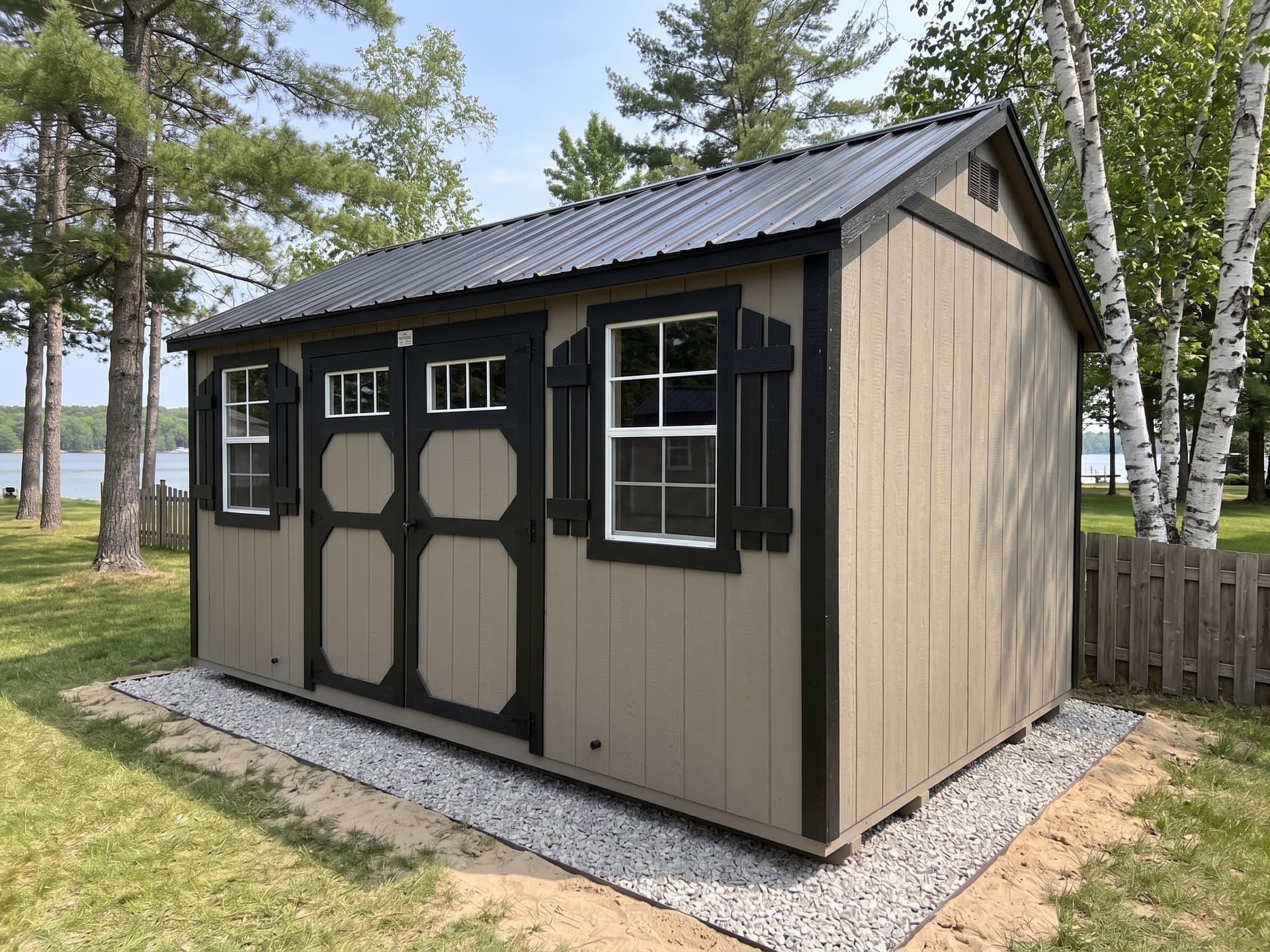 Amish-built deluxe garden shed with charcoal trim on a Michigan property