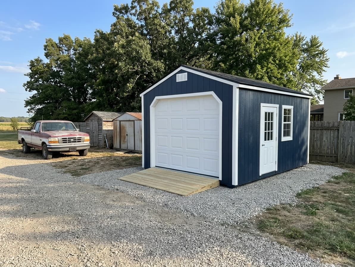 Amish-built garage in naval blue LP SmartSide on a Michigan property