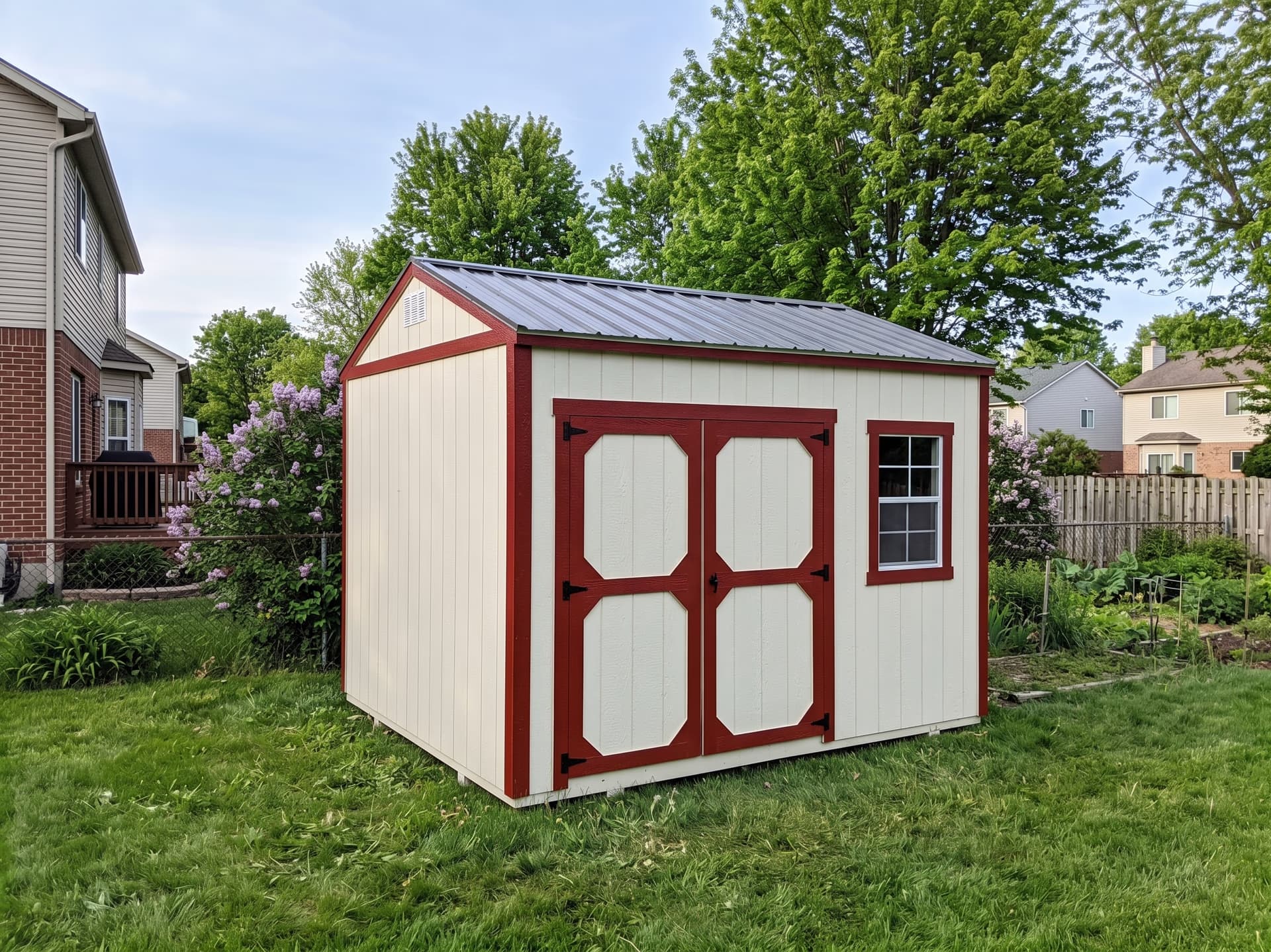 Amish-built garden shed with red trim on a Michigan property