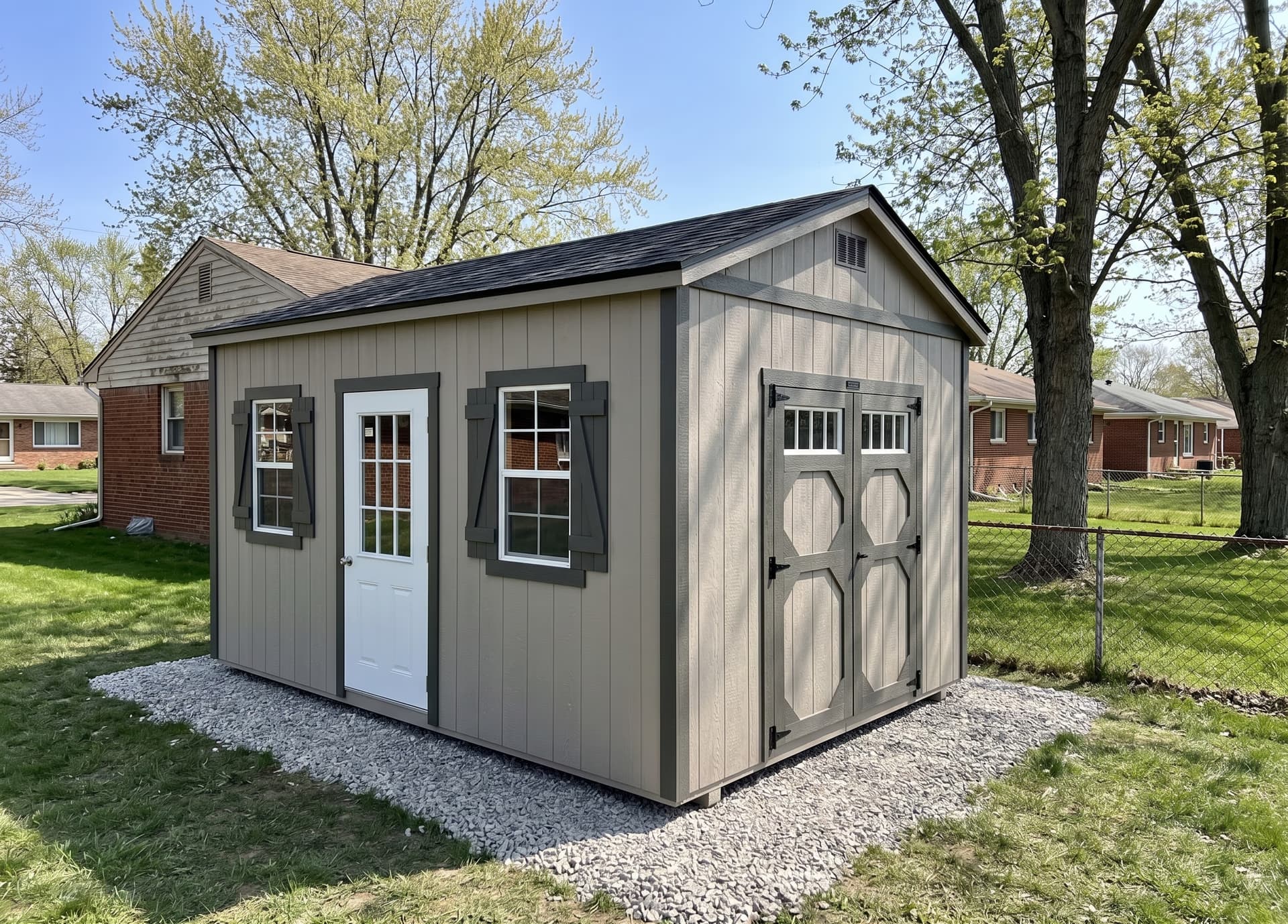 Amish-built Klassic garden shed in LP SmartSide on a Michigan property