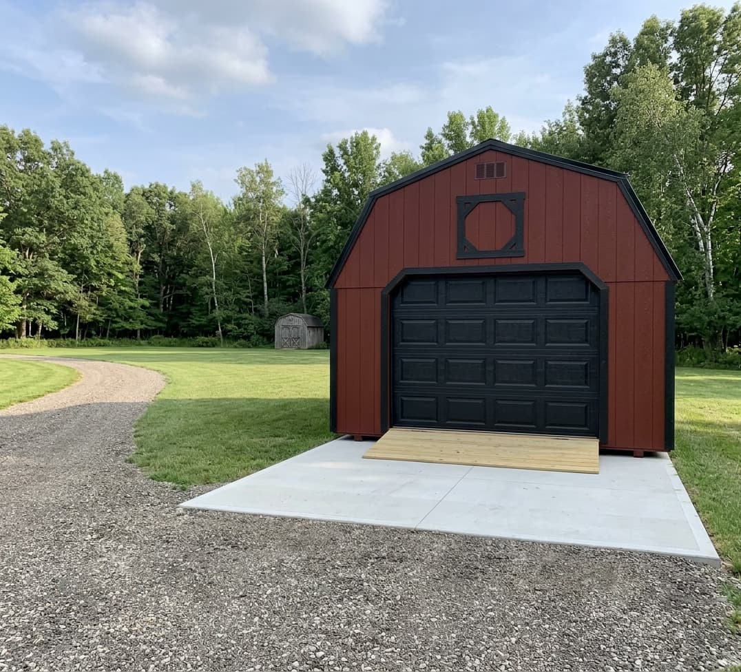 Amish-built red lofted garage in LP SmartSide on a Michigan property