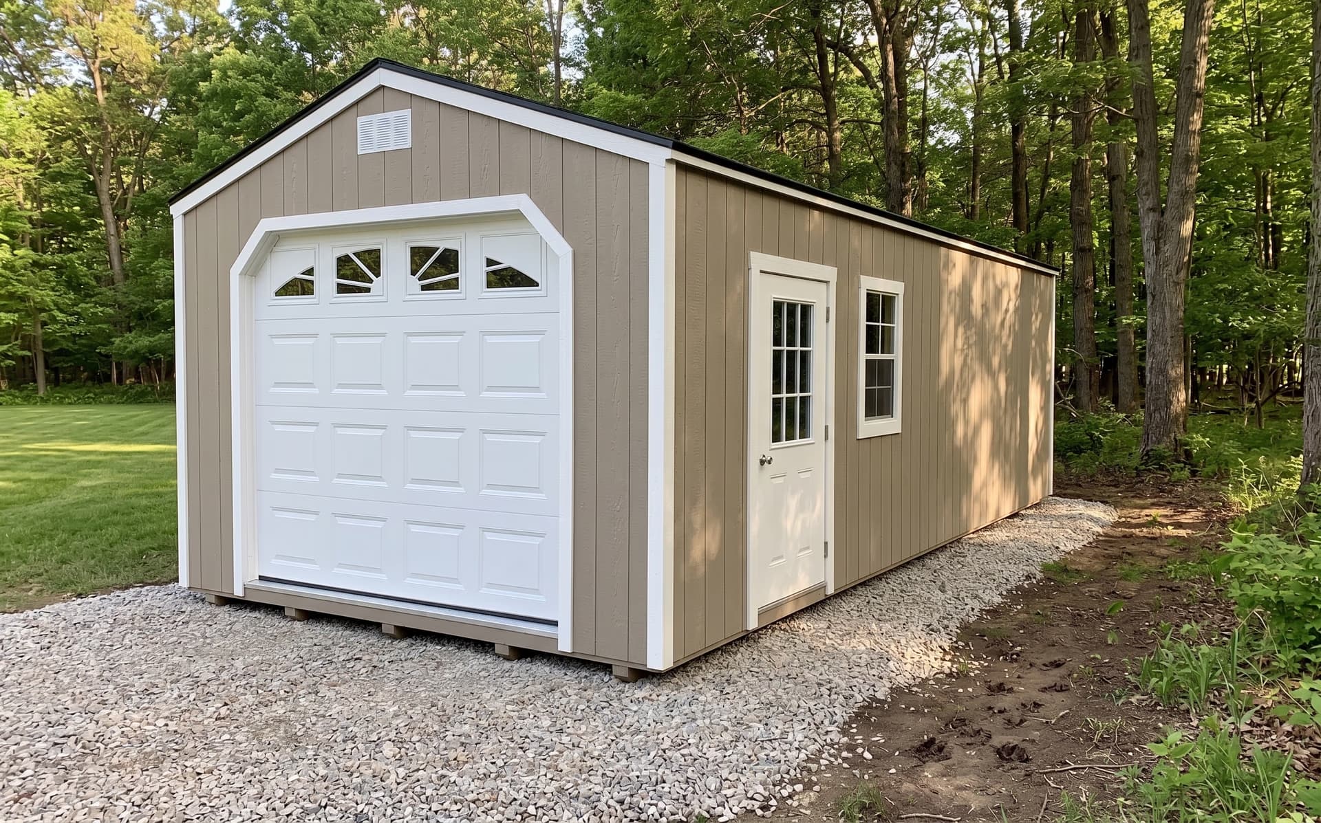 Amish-built garage in LP SmartSide with a sunburst gable accent on a Michigan property