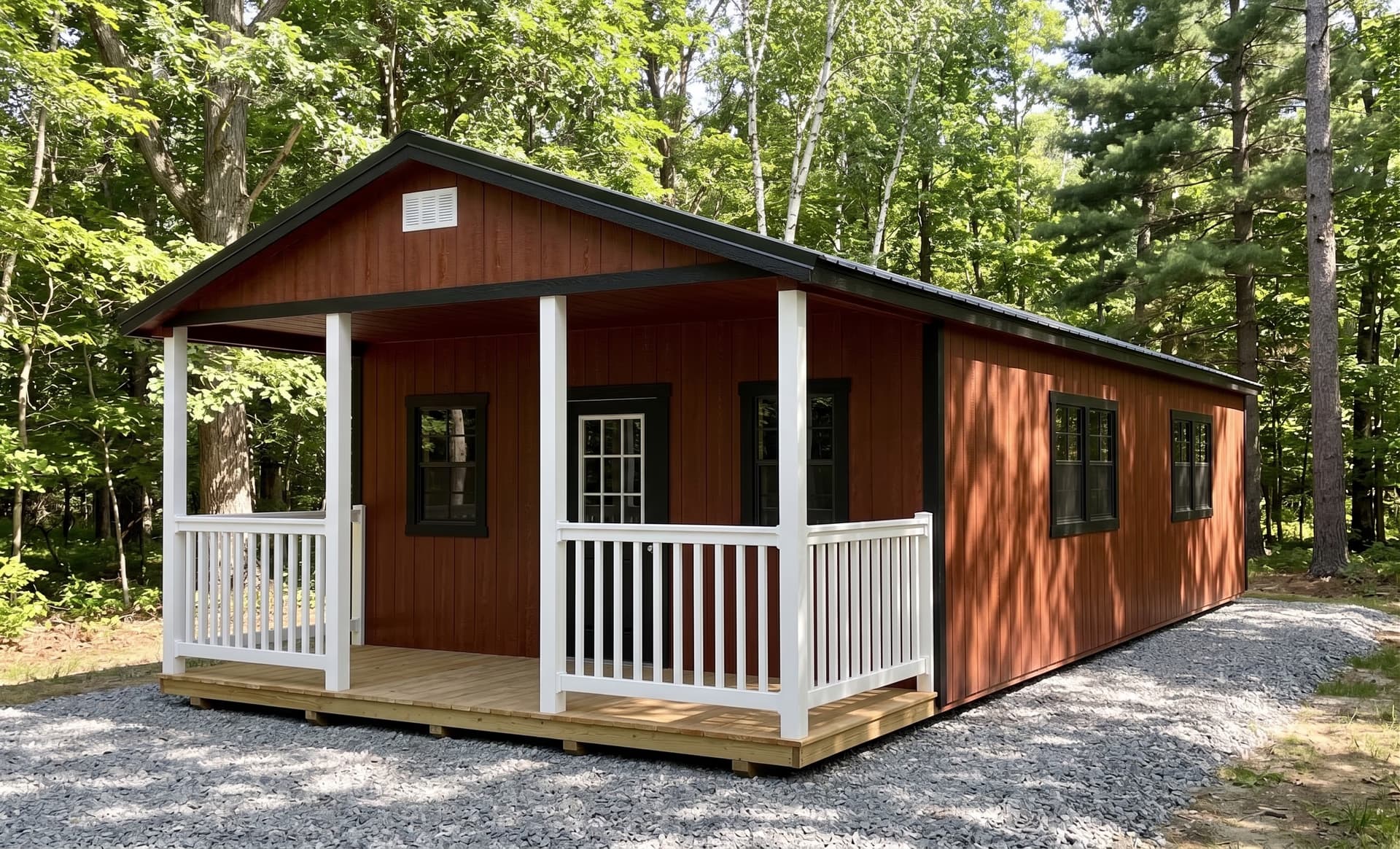 Amish-built cabin in mahogany urethane LP SmartSide on a Michigan property
