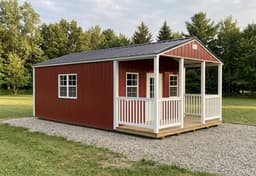 Amish-built a-frame cabin with metal siding, representative display photo
