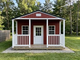 Amish-built a-frame cabin with metal siding, representative display photo