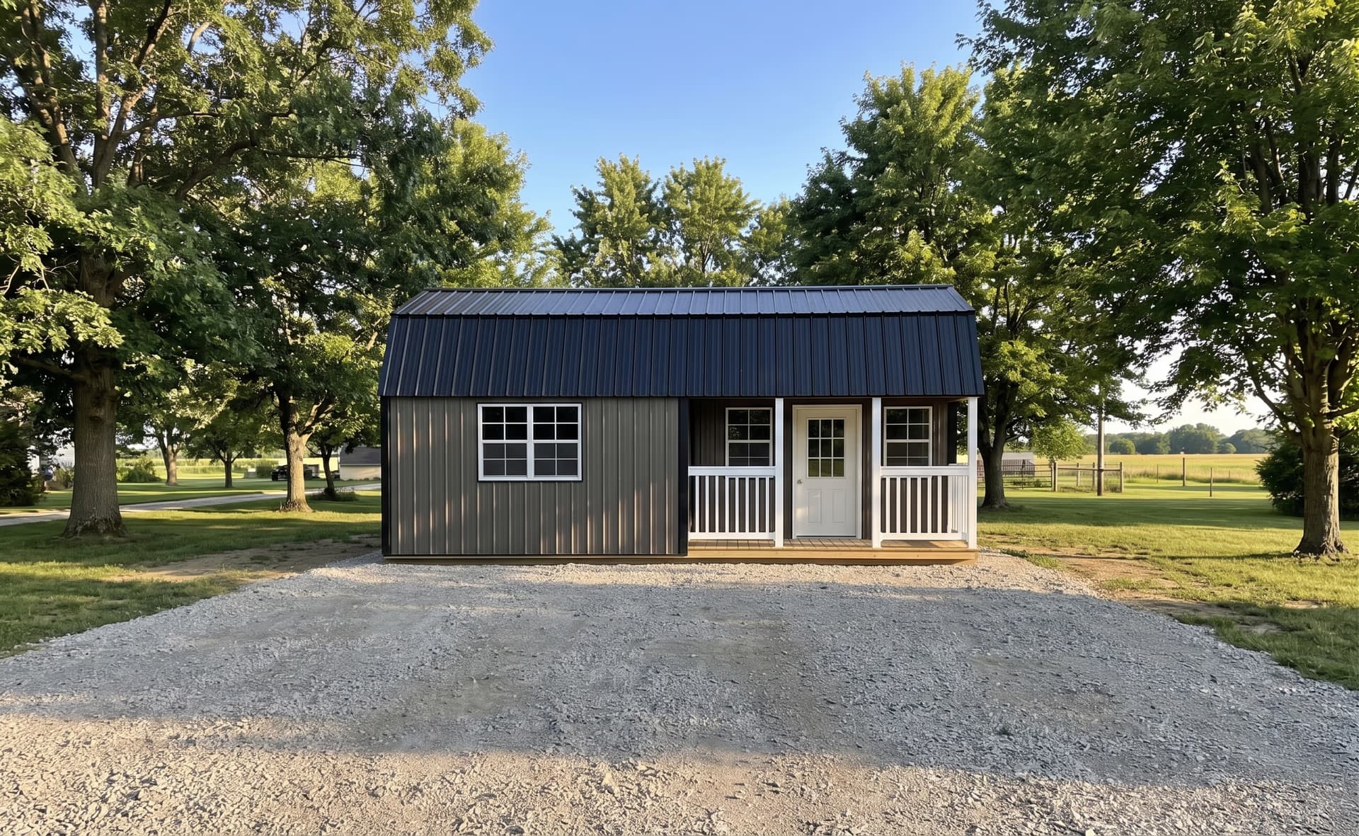Amish-built lofted casita with metal siding on a Michigan driveway