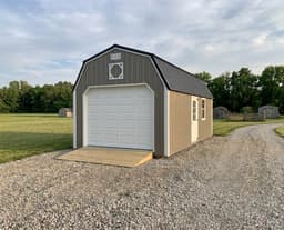 Amish-built lofted garage with metal siding, representative display photo