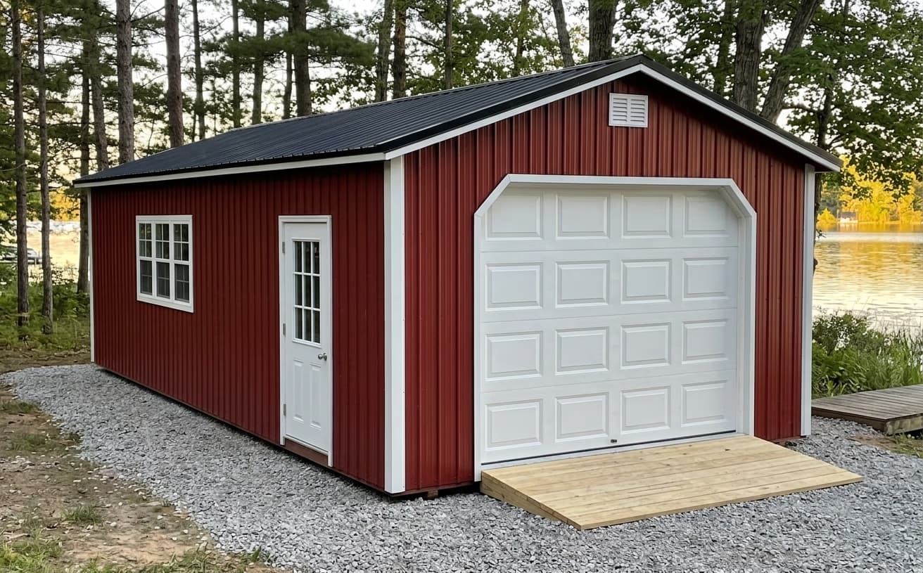 Amish-built red metal-roof garage on a Michigan property
