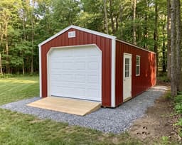 Amish-built garage with metal siding, representative display photo
