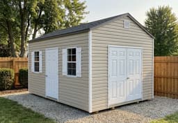 Amish-built klassic garden shed with vinyl siding, representative display photo