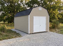 Amish-built lofted barn with vinyl siding, representative display photo