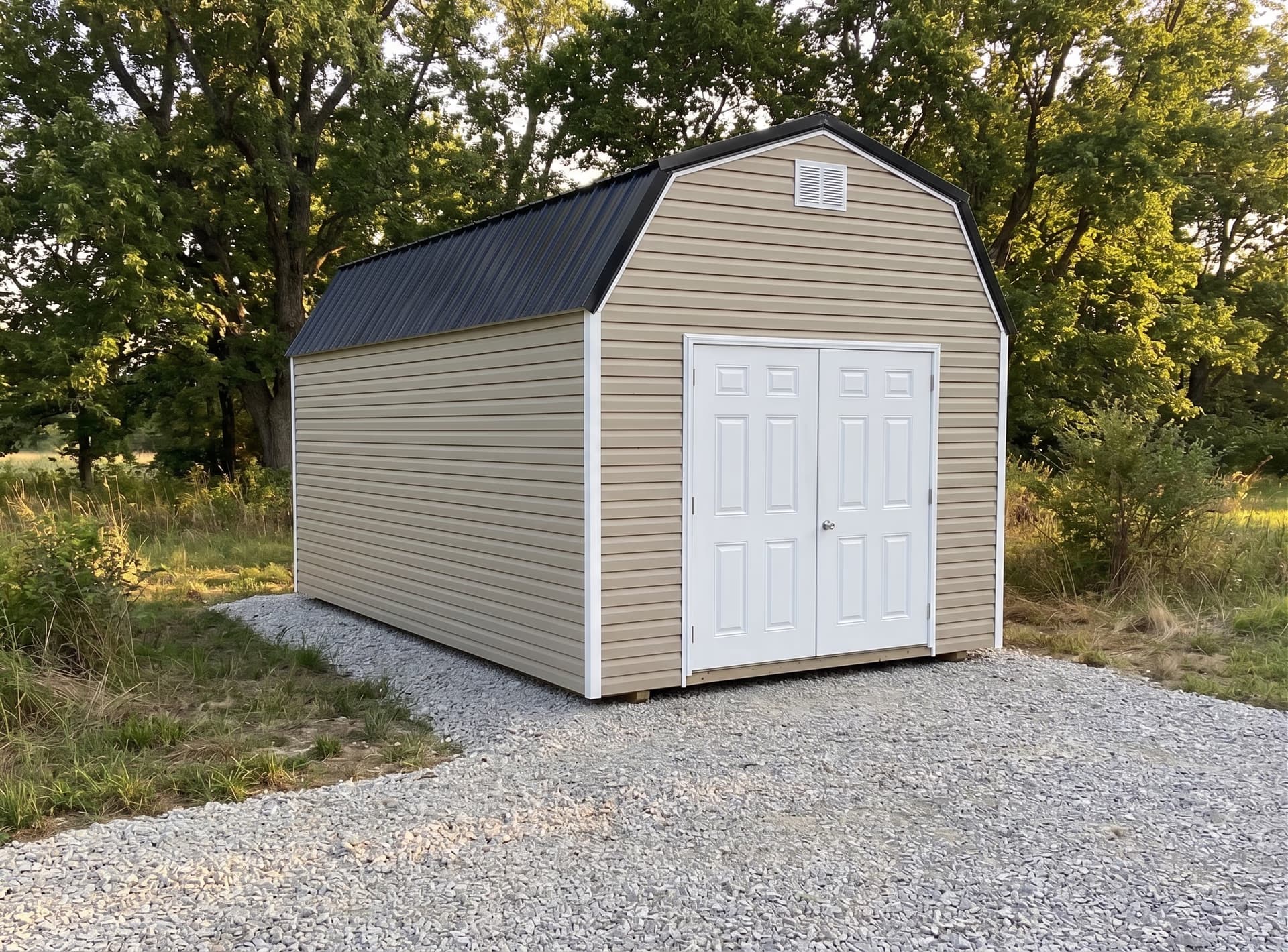 Amish-built vinyl-sided lofted barn on a Michigan property