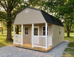 Amish-built lofted cabin with vinyl siding, representative display photo
