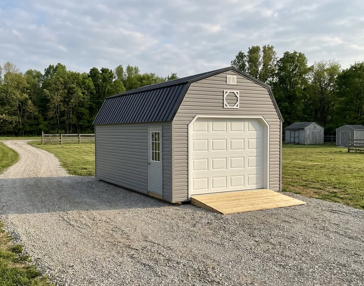 Amish-built lofted garage in vinyl siding on a Michigan property