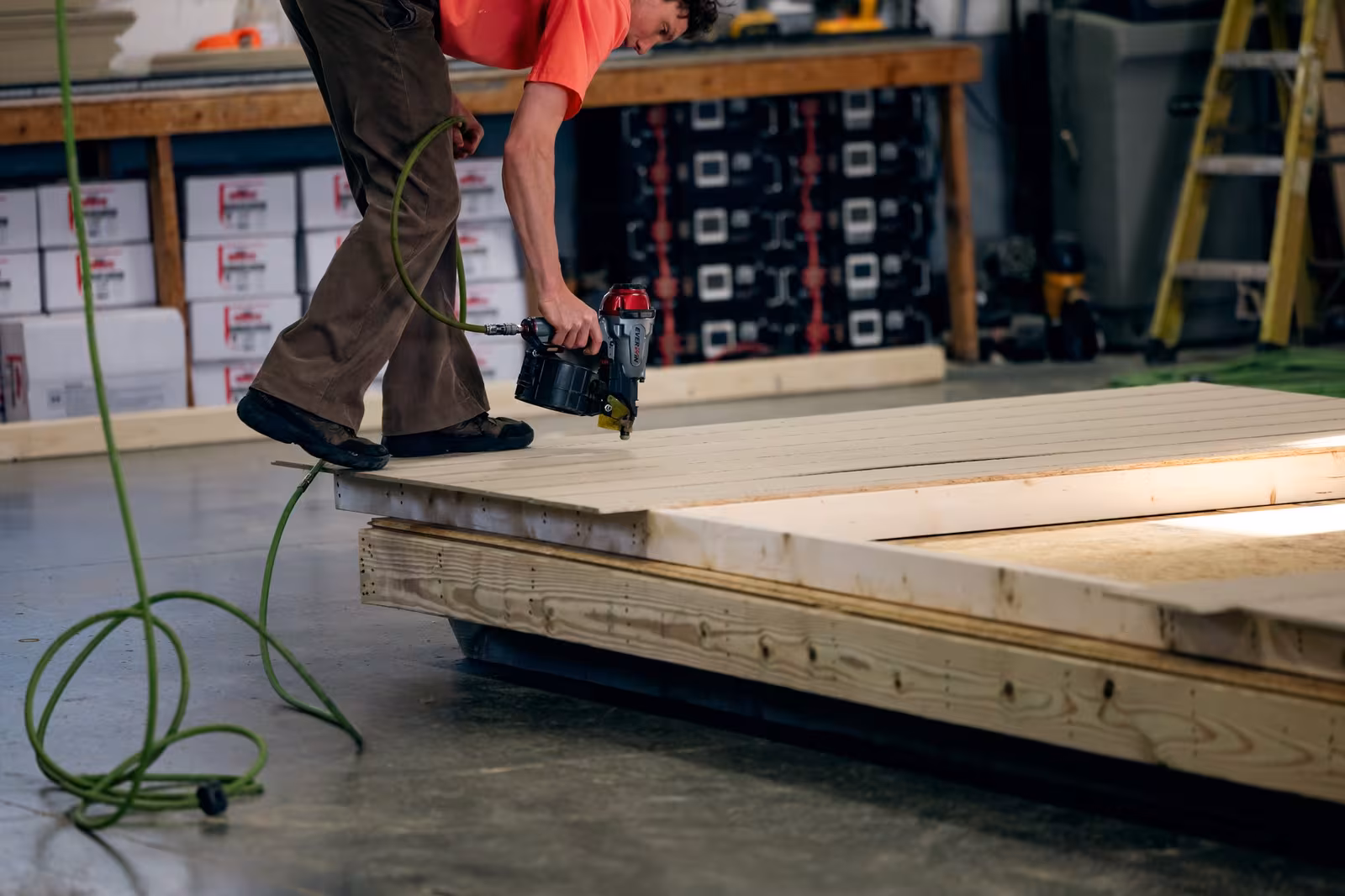 Pressure-treated floor framing for an Amish-built shed under construction